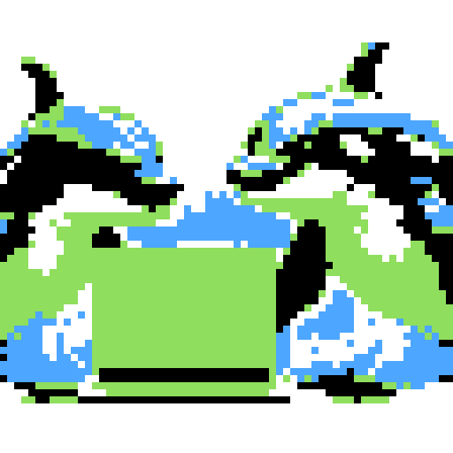 killer whales swimming in a vibrant ocean, typing on a retro laptop with pixelated keys, surrounded by a rainbow of colors in sRGB style