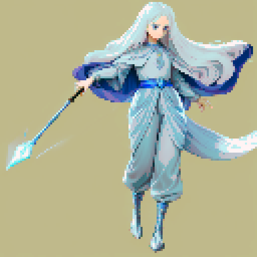 Hair: Shimmering silver, waist-length
Eyes: Ice blue, almost translucent
Skin: Fair, with a slight luminescence
Long, flowing cloak made of midnight blue velvet
Cloak adorned with intricate silver embroidery resembling constellations
Simple, elegant tunic and trousers underneath
Ankle boots made of soft, supple leather
Minimal jewelry, perhaps a silver pendant or bracelet
Tall and slender
Graceful posture
Carries an ancient staff made of gnarled oak, topped with a glowing crystal orb