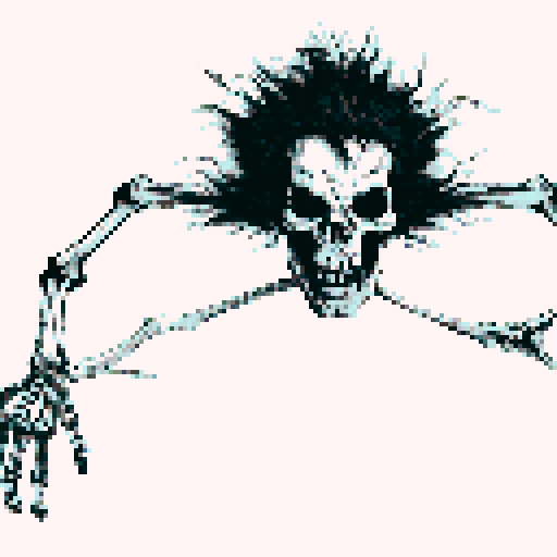 Skeleton monster grabbing with its bone hands, white background, high contrast, black and white only palette