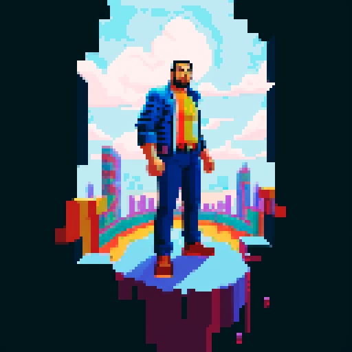 Hispanic man, heroic pose, confident expression, full body, pixel art, sRGB, solid color background