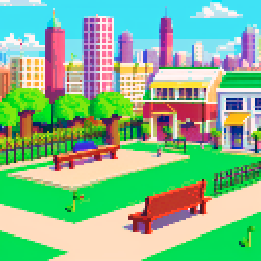 pixel city park background, with benches, repeatable