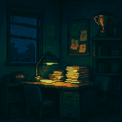 Pixel art of a dimly lit coach’s office filled with character: an old desk stacked with yellowed scouting reports, a flickering green-shaded desk lamp casting a small circle of light, and a dusty, tarnished trophy on a nearby shelf. One window shows night falling. The room is cramped, cluttered, and lived-in. Blues, muted browns, and hints of gold for the trophy. Add soft shadows for atmosphere.