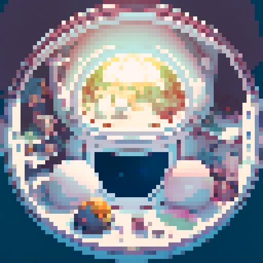 Inside of a sphere spaceship shaped like a gachapon with a clear top half looking out to space. cozy white space theme