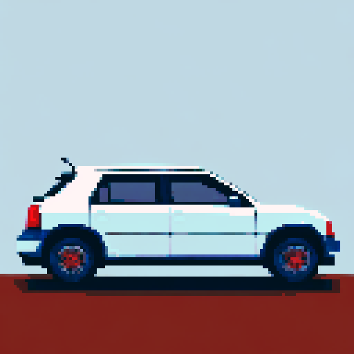 Pixel art Volkswagen Golf car, centered, three quarter view, solid white background, no background details
