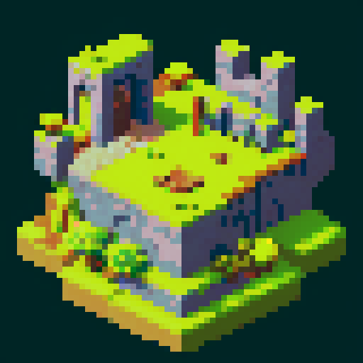 Design a 2D pixel map portraying a dark, terrainless landscape in a top-down view. The 64x64 canvas showcases a uniformly dark surface. Scatter small, discreet stone ruins on both sides, avoiding dominance. Employ simple shapes to imply ancient structures, blending with the environment. Emphasize mystery and solitude. Keep ruins subtle, amplifying intrigue while retaining a vast, simplistic feel.