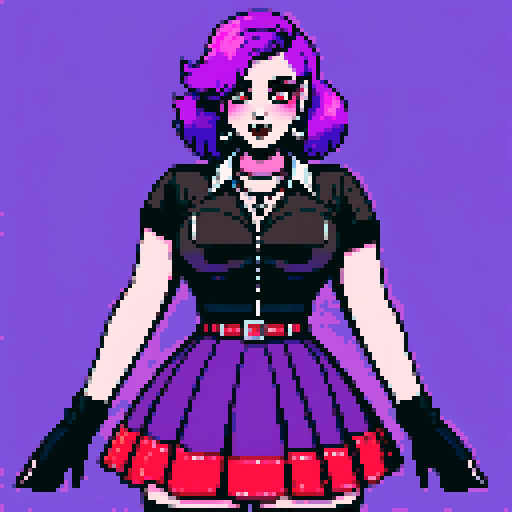 Plus size busty greaser goth girl, with long purple hair, eyeliner, red lipstick. wearing a skirt and studded collar. Posing for a portrait, avatar photo. vibrant sRGB colors, pixel art, edgy aesthetic
