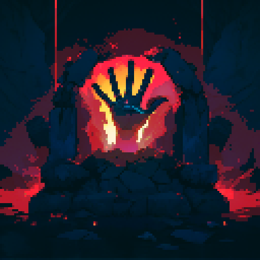 Hang with tattered clothes, eerie green glow, and bony fingers reaching out, emerging from a pixelated tomb in a hauntingly vibrant sRGB color palette