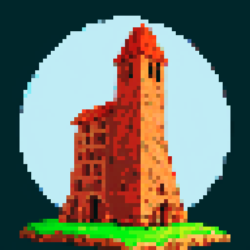 Crumbling brick tower with pointed red clay shingle roof and a solid color background. Give a black stroke around the tower