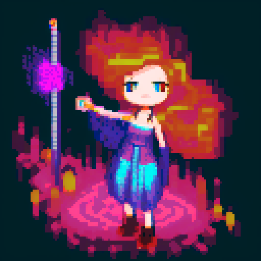  Mage anime girl with flowing hair, fluorescent tattoos, and a glowing staff,  floating in her evil lair