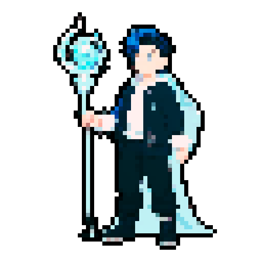 Gender: Male
Age: Young adult
Hair: Near-black deep blue, styled in a way that suggests a cold or icy theme, perhaps with a few strands of hair falling over his forehead.
Eyes: Icy blue, half-closed, giving a calm and introspective expression.
Pose:
Standing in a confident and poised manner, holding a staff that suggests his ice powers.
Ensure the background is transparent to allow for versatile use of the character illustration.