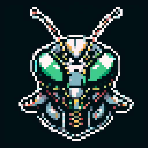 praying mantis helmet, retro 8-bit, intricate detailing, sharp angles, pixel art