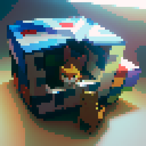 pixelated, vibrant colors, retro, low resolution, geometric shapes, isometric view, square box, cardboard material, folded corners, label with "fragile" written on it, sunlight streaming in through the cracks, shadows cast by the box, cat