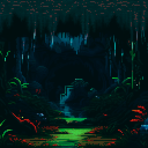 Dark looming cave entrance, glowing pinprick eyes, moss and lichen hanging, pixelated stalactites and stalagmites, sRGB pixel art, eerie background 