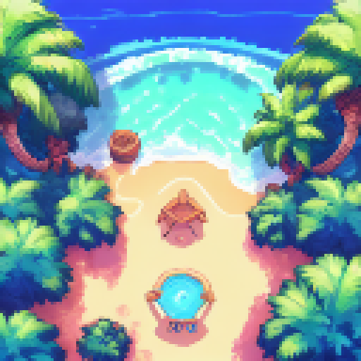 A beach with palm trees in the Caribean, looking out to the ocean at night, seen from ground level, pixel art, in the style of Monkey Island 2 background art