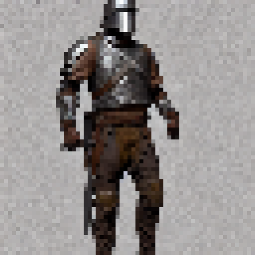 Soldier, full armor, sword, brown boots, chain mail 