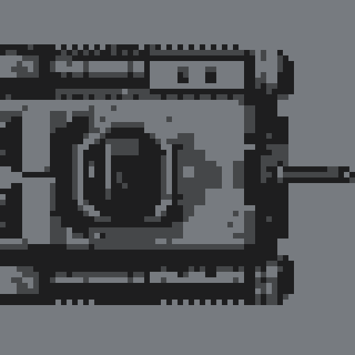 top-down tank, large turret, noticeable treads, camouflage color scheme with greens and grays, blocky retro design, detailed armor plating and barrel, pixel art, sRGB