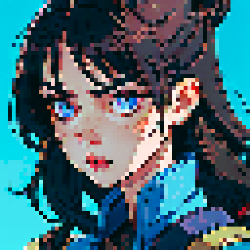 western style, portrait avatar, woman with shoulder length dark hair, looking at the camera, blue palette, close up
