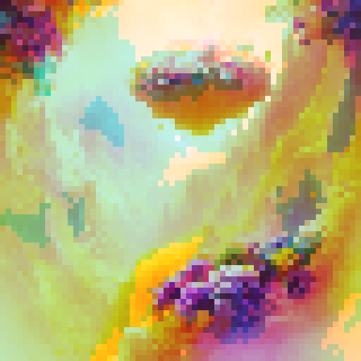 Whimsical, watercolor-like, with pastel colors and floral motifs, create a surreal garden of floating islands, each one featuring a different type of exotic fruit, surrounded by misty clouds and a soft, diffused light.