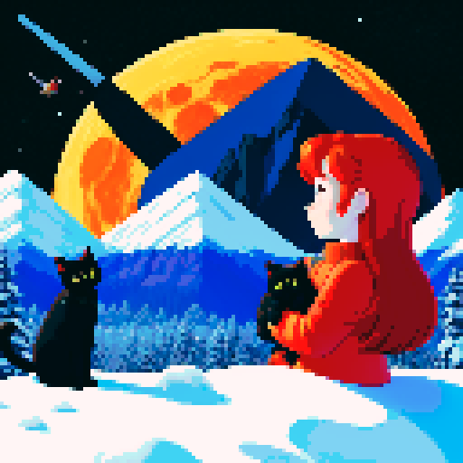 Redhead with black cat in between towering, snowy mountains in space