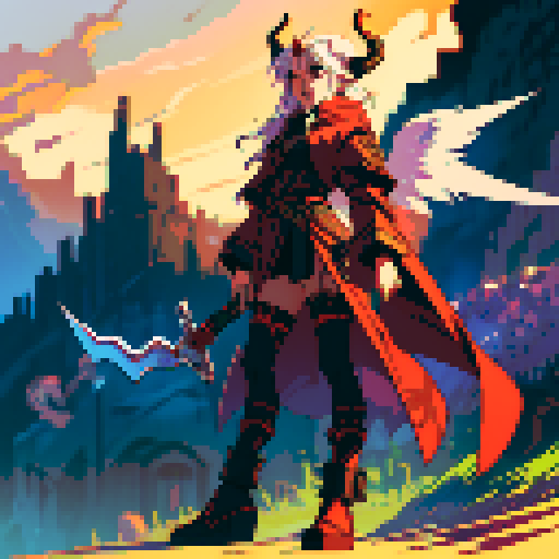 full-body image, one winged demon, sexy male, horns, sword, sRGB, pixel art