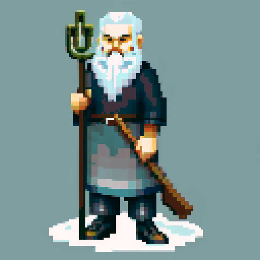 old raven-like druid with grey beard, with staff in hand