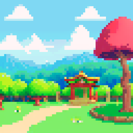 a 2d platformer background image that is a nice little japenese park. Mostly empty with rolling hills. Some clouds in the sky. A pixel art style but smooth and beautiful