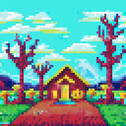 Creepy dolls with beady eyes and chipped paint hang from twisted, black vines in the dimly-lit but colorful kids indoor playground pixel art playground