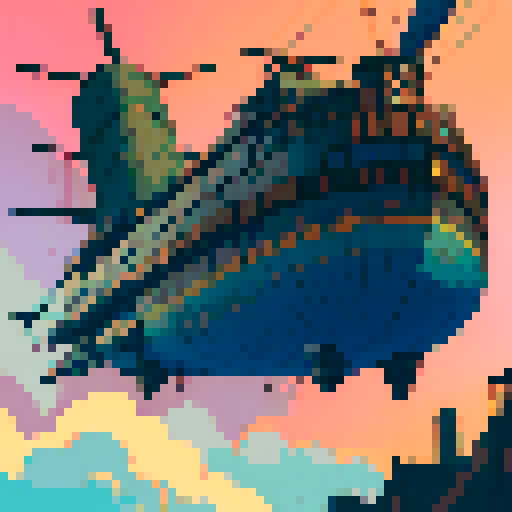 Dieselpunk Airship, bustling sky city, vintage planes, vibrant colors, detailed pixel art, anime style