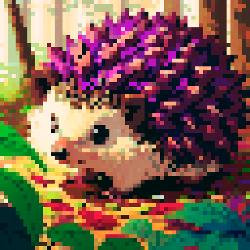 realistic hedgehog, purple forest, vibrant colors, pixelated leaves, sharp quills, dappled sunlight, intricate details, low resolution, retro aesthetic, jagged edges, limited color palette