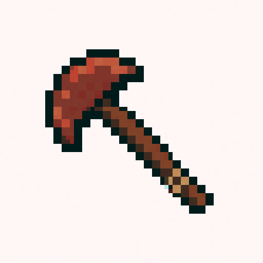 A simple farming hoe icon, tool head made of dull tarnished reddish-brown copper, basic curved blade, rough wooden handle with a simple rope binding, rustic and handmade look. pixel art style, 16x16 grid resolution, minecraft item icon style, flat 2D game asset, white background, no shadows, hard edges, diagonal tool view.