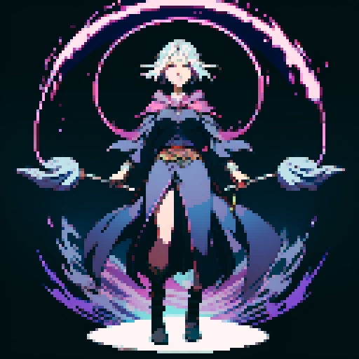 full-body image, sorceress facing right, sorceress ready to fight, evil sorceress, floating, arms out, magic circles, magic power, spell, evil sorceress, evil witch, magic symbols, ultimecia, final fantasy, sRGB, pixel art