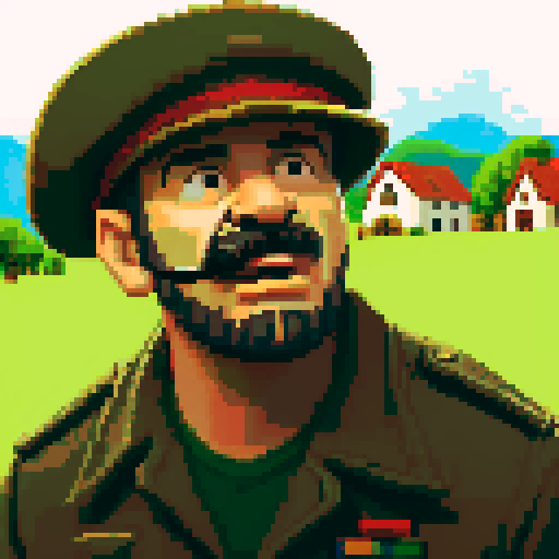 grizzled war veteran, cigar in mouth, grassy hill, jack russell terrier dog, peaceful farming village, pixel art, sRGB