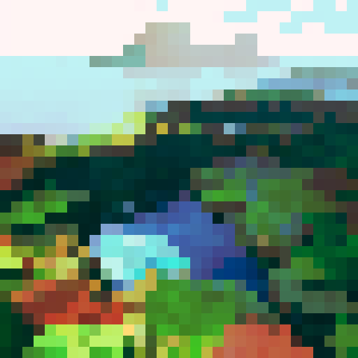 L-shaped lake on bottom on picture, shorline, rockface shelf for lean-too nearby, woods in the background