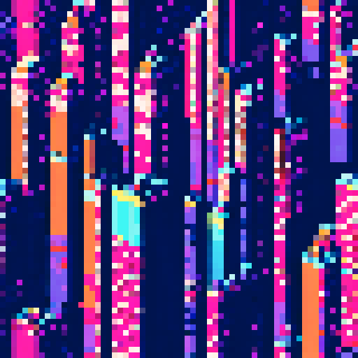 Cityscape, towering skyscrapers, bustling streets, retro video game vibes, blocky pixelated buildings, vibrant color palette, 8-bit art style,ARNE32 palette