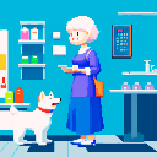 Wide eyed white dog in a drugstore, old woman behind register