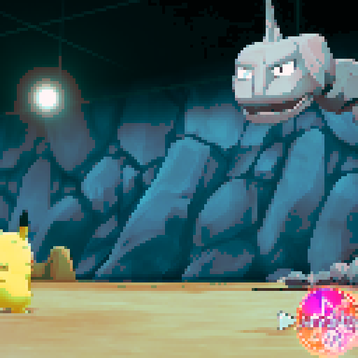 Pixel art landscape with a vibrant color palette, showcasing a Pokemon gym reminiscent of Pewter City's rustic charm