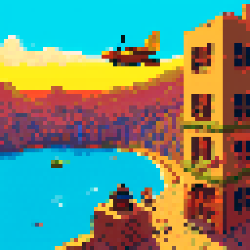 Tintin-style pixel art side scroller, featuring a courageous pilot navigating through a war-torn city, with vibrant explosions, crumbling buildings, soaring fighter planes, and a dramatic sunset backdrop