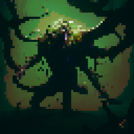 A large tree with dozens of limbs, a demon face, and teeth, walking through the forest