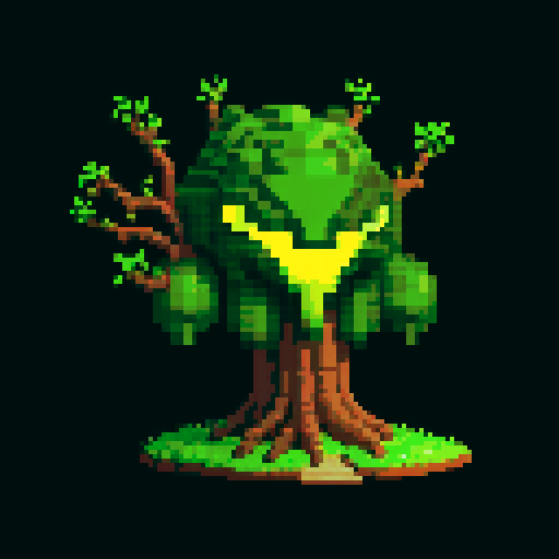 A colossal, tree-like titan with thick bark armor, massive branches, and glowing green eyes. It stands tall with a powerful, commanding presence, ready to protect the forest at all costs. No background.
