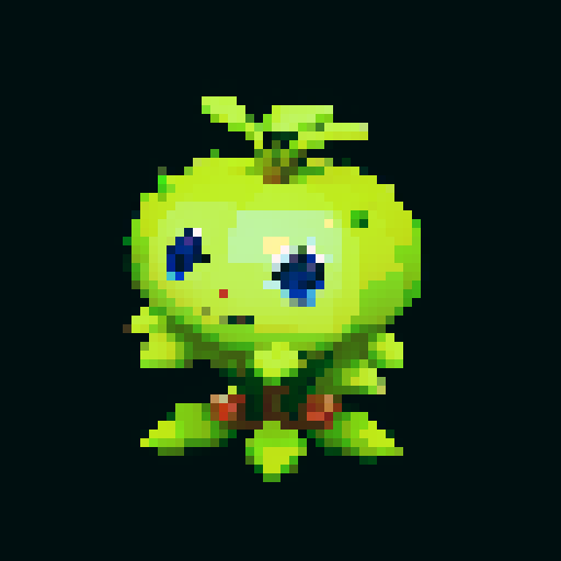 A slightly larger plant-like creature with more defined features, bark-like skin, and budding flowers. It has a friendly expression and a sturdy build. No background.
