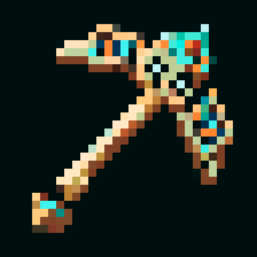 minecraft pickaxe, carved wooden handle, stone head, intricate tribal patterns