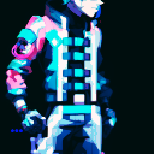 sprite of a cyberpunk space trader, futuristic design with a cybernetic arm, a visor over the eyes, and wears a trench coat with glowing lines. blue and teal with neon pink and yellow accents, distinct sci-fi aesthetic. The visor illuminated from within, glowing yellow-orange, cybernetic arm intricate detailing, advanced technology. The character confident posture, taking step forward. Mid-step, arms extended
