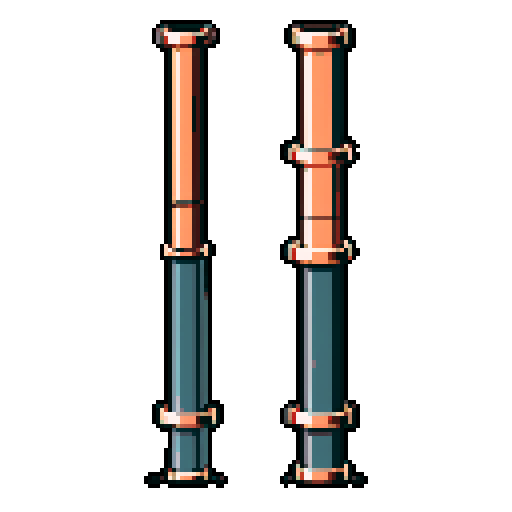 I want a tall vertical copper pipe that looks like a cannon barrel. I want this object usable an asset in a videogame, meaning only one object per image, outlined with a strong black stroke, on a solid-color background.