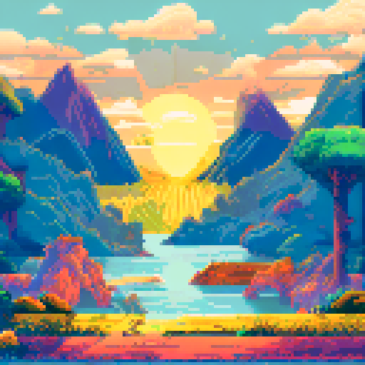Vibrant sunset, towering mountains, lush green meadows, serene lake, pixelated trees, sRGB color palette, detailed pixel art, scenic background, picturesque landscape