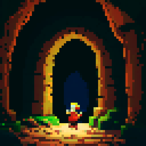  inside a cave where a person is hiding behind a stone pillar, observing a legendary earth dragon positioned near an ancient treasure chest. 