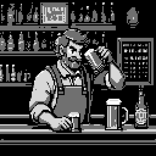 hand pouring beer in tavern, frothy golden liquid cascading from a ceramic mug, vibrant retro color palette, intricate pixel art details, vintage tavern sign hanging in the background, cozy wooden bar counter, dimly lit atmosphere, nostalgic 8-bit aesthetic