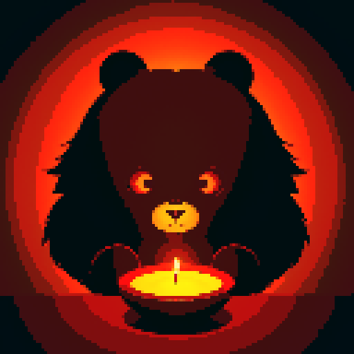 chibi bear, button eyes, gothic anime, plush brown fur, in a relaxed mascot pose, enveloped by a rich red background with artistic black shadows. Features a magic ball, a satanic pendant, profile picture avatar, and a softly glowing wax candle on a table draped in a red tablecloth. Created Using: retro pixel aesthetic, gothic atmosphere, shadow play, poster-style composition, mystical and magical elements, vivid colors, hd quality,