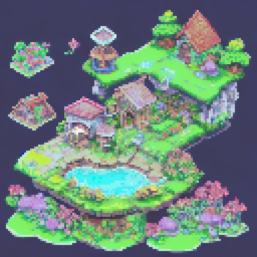 "Create an intricate pixel art map for a top-down 2D RPG, depicting the layout of Verdant Vale, the starting area of the game 'Chronicles of the Arcane Grid'. The map should feature a quaint fantasy village surrounded by lush green forests, with a clear, winding path leading through it. Include distinct areas such as a village square with market stalls, a mystic's cottage on the outskirts, and a central training ground. The map should show details like trees, houses, a fountain, and small fields