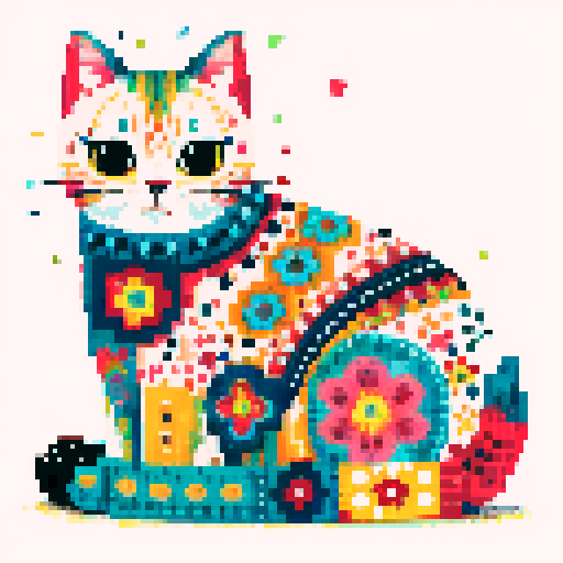 sitting, very colorful cat, with dots, flowers, patterns,  white background