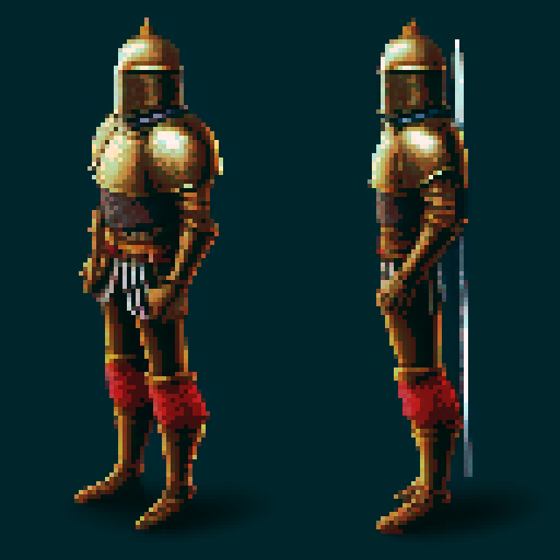 pixel art picture of a human male knight with a two-handed great sword, detailed shading, and smooth lines, heavy armor, confident stance, muscular build, armored helmet, deep red and gold armor, detailed sword, detailed shading, smooth lines, running, swinging sword